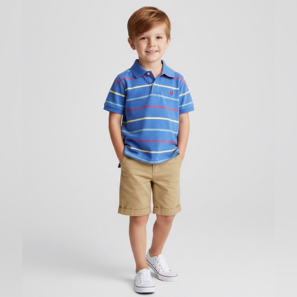 Chaps Vintage Kids Blue Polo Shirt Multicolor Striped Collar | Size 4